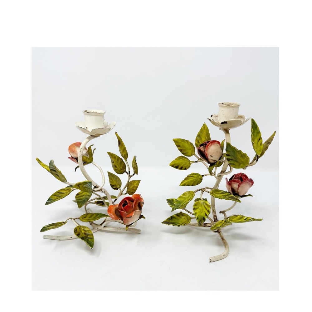 Pair of Vintage Italian Toleware Candle Holders Hand‎ Painted Roses Leaves Metal